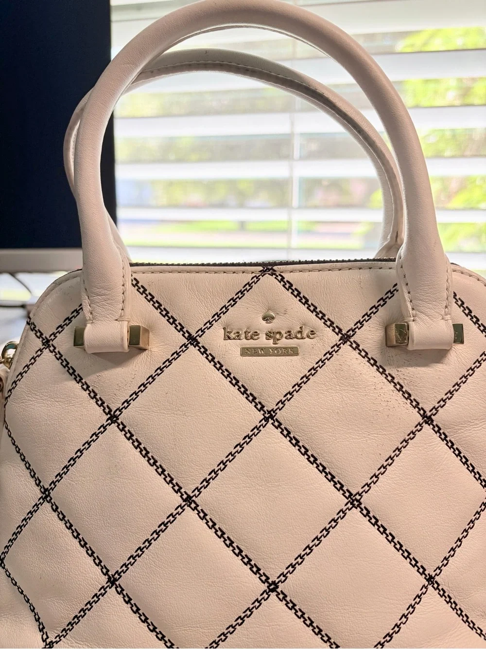 kate spade Cream Quilted Diamond-Pattern Satchel/Crossbody with Gold Hardware